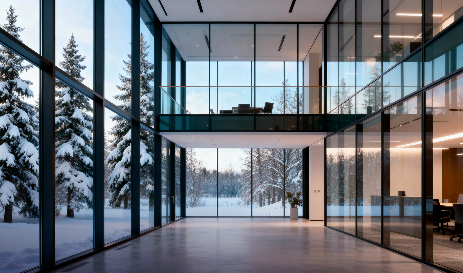 Офис с витражными окнами и зимний пейзаж